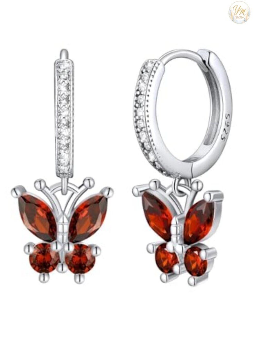 925 Sterling Silver Dangle Butterfly Earrings w/ Created Garnet, Hypoallergenic